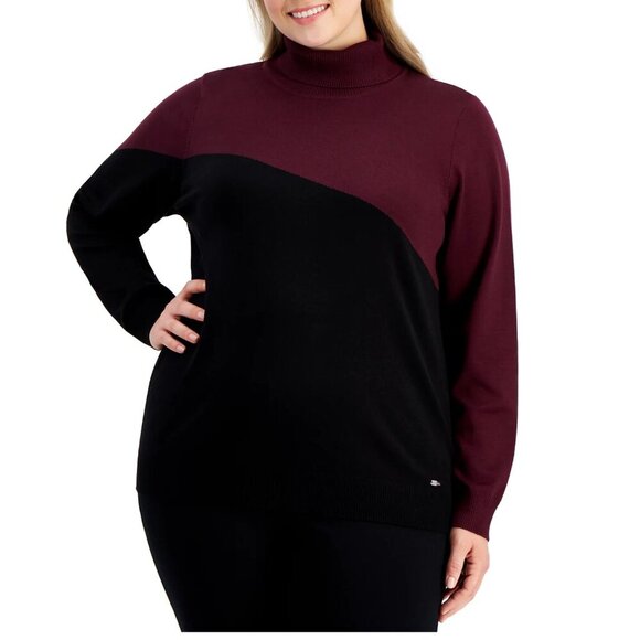 NWT Calvin Klein Colorblocked Turtleneck Sweater in Port/Black - Picture 1 of 4